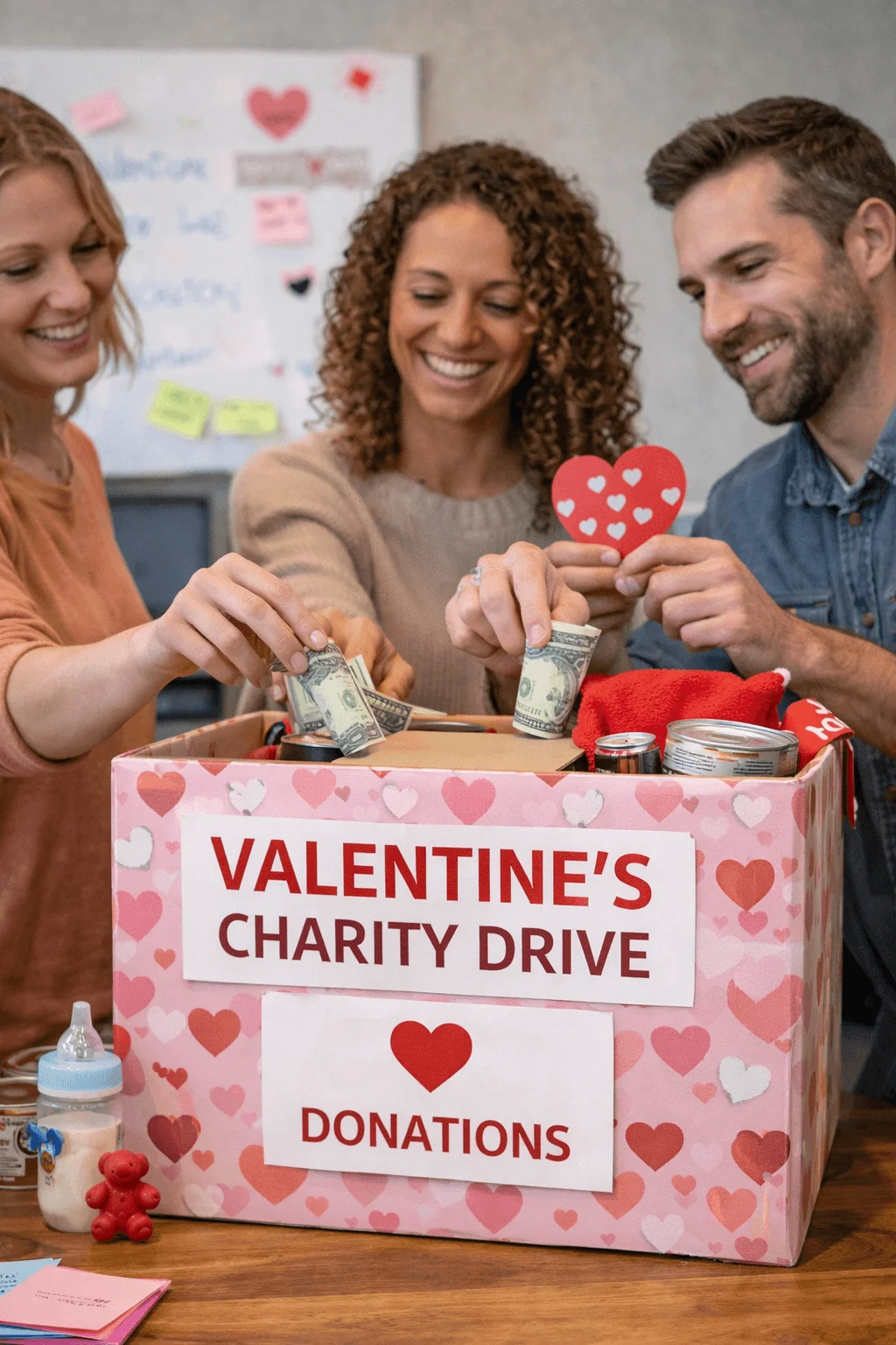 Coworkers smiling while placing donations into a Valentine charity drive box decorated with hearts