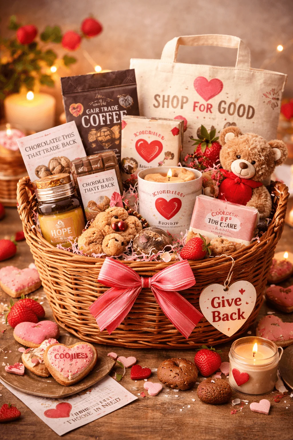 It features fair-trade coffee, chocolates that support charitable causes, baked treats, candles, and cozy items like a teddy bear, along with messages like “Shop for Good” and “Give Back.” It’s designed to combine a thoughtful gift with social impact, making it perfect for raffles, fundraisers, or meaningful Valentine’s gifts.