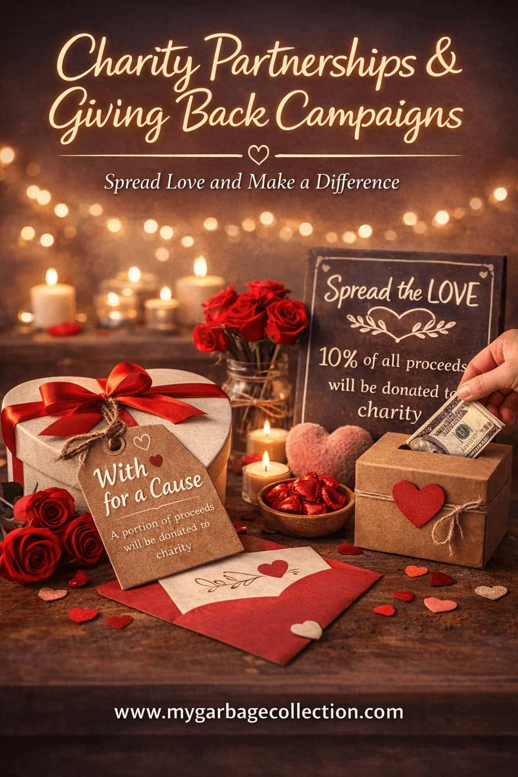 Charity partnerships and giving back campaigns for valentines day featuring donation boxes heart themed gifts candles roses and proceeds supporting charitable causes