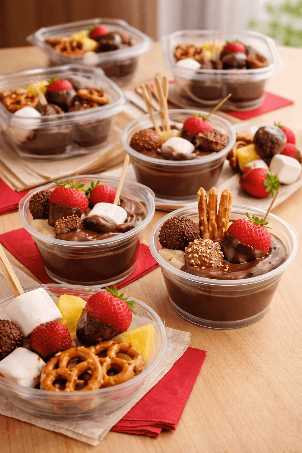 Chocolate fondue style lunch desserts with strawberries marshmallows pretzels pineapple and chocolate truffles in individual cups