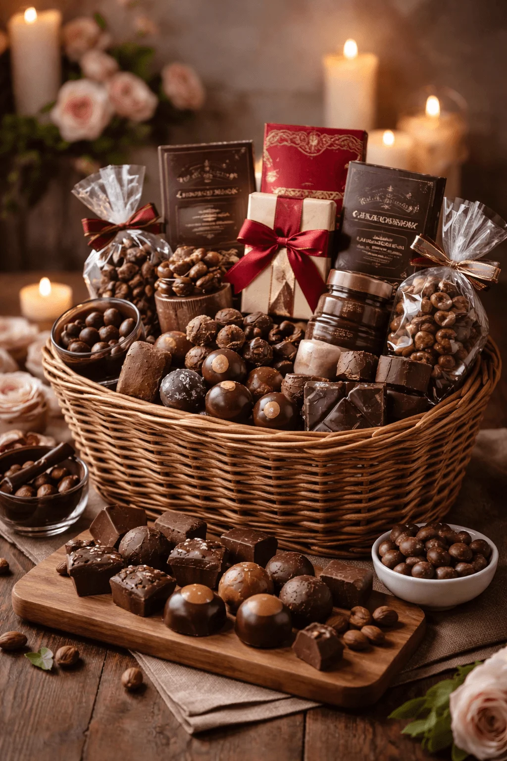 chocolate lovers gift basket with assorted truffles chocolate bars cocoa mixes and chocolate covered treats arranged in a wicker basket with candles and roses in the background