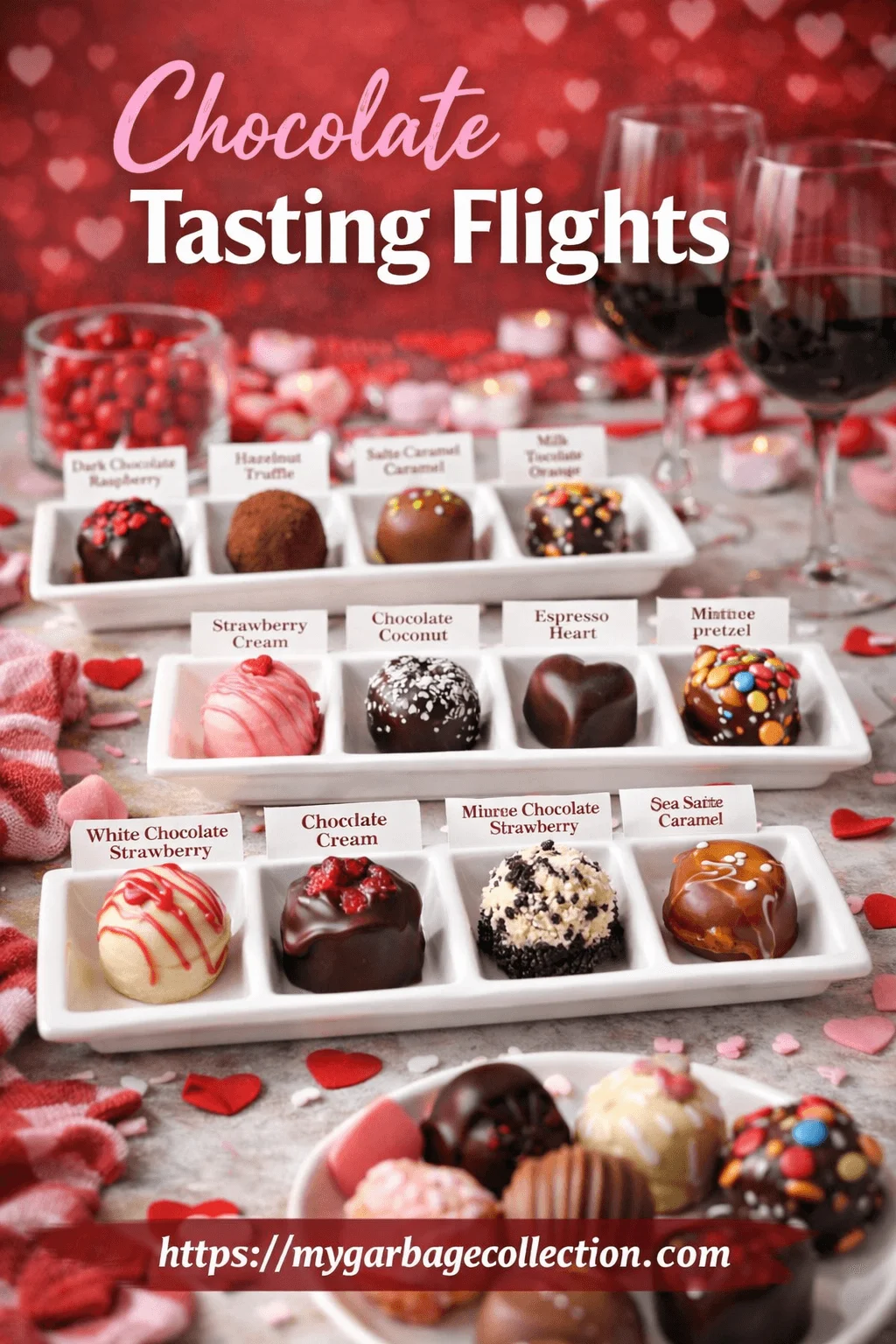 Chocolate tasting flights arranged on tiered white trays with assorted truffles and bonbons labeled by flavor surrounded by heart decorations red accents wine glasses and a romantic Valentine themed background with the website mygarbagecollection.com visible at the bottom