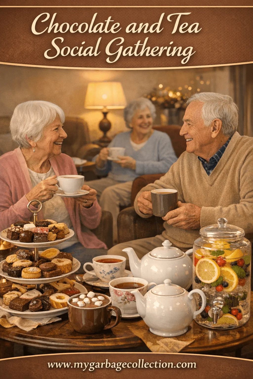 Chocolate and tea social gathering with seniors enjoying tea cups assorted chocolates pastries and warm conversation together in a cozy senior living community