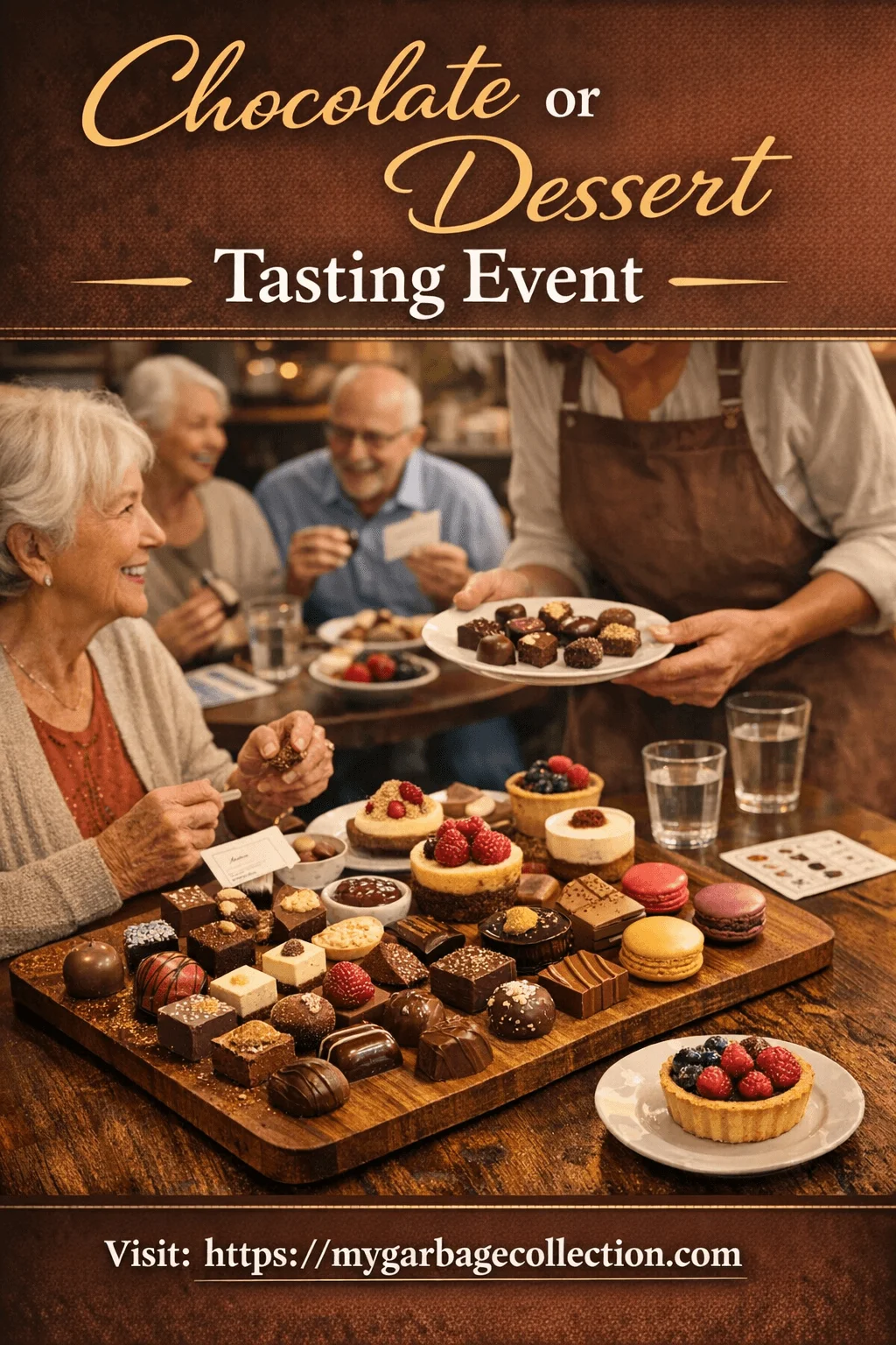 Chocolate or dessert tasting event with seniors enjoying assorted chocolates pastries and sweet treats together in a cozy senior living community celebration setting