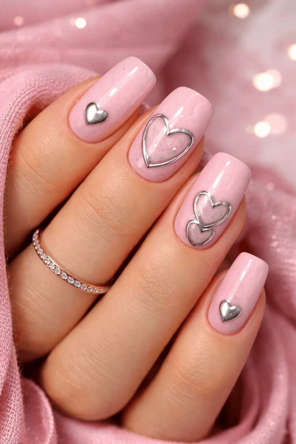 Close up of a hand with glossy pastel pink nails featuring raised silver chrome heart accents and a soft glittery background for a chic Valentine inspired look