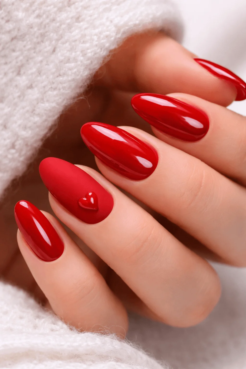 Close up of a hand with glossy deep red almond shaped nails featuring a small raised heart accent on one nail and a soft knit background