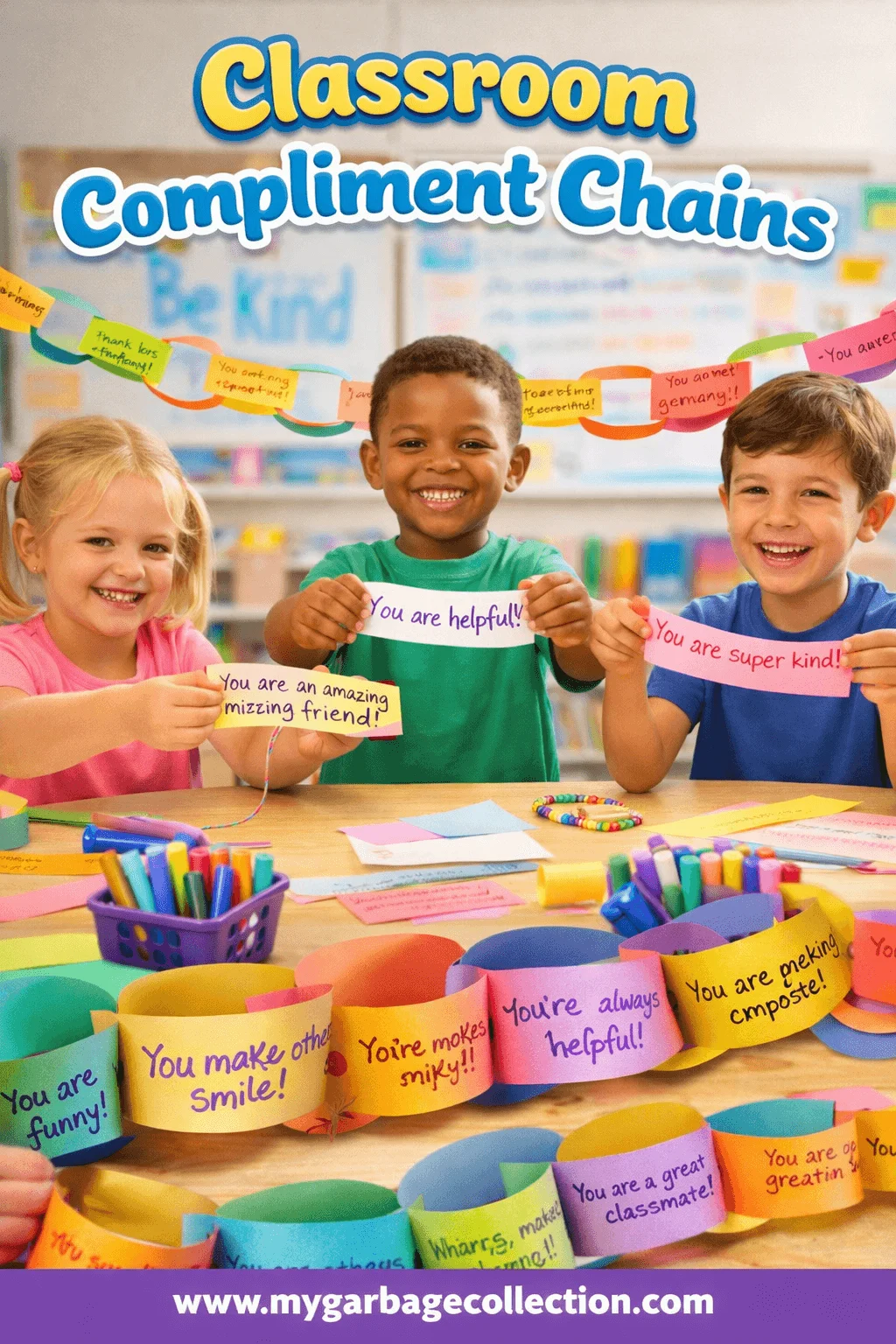 Classroom compliment chains activity showing smiling children holding colorful paper chain links with positive messages during a kindness and friendship classroom craft with mygarbagecollection.com displayed at the bottom