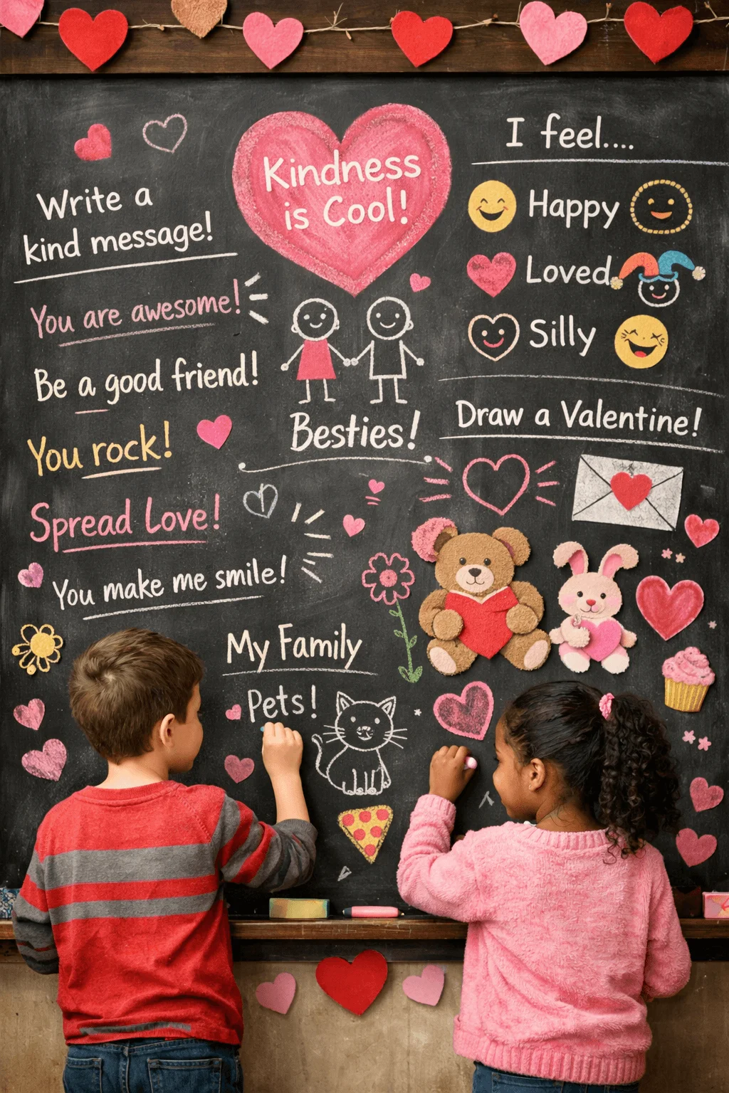 Children drawing and writing kind Valentine messages on a chalkboard filled with hearts emojis animals and positive phrases