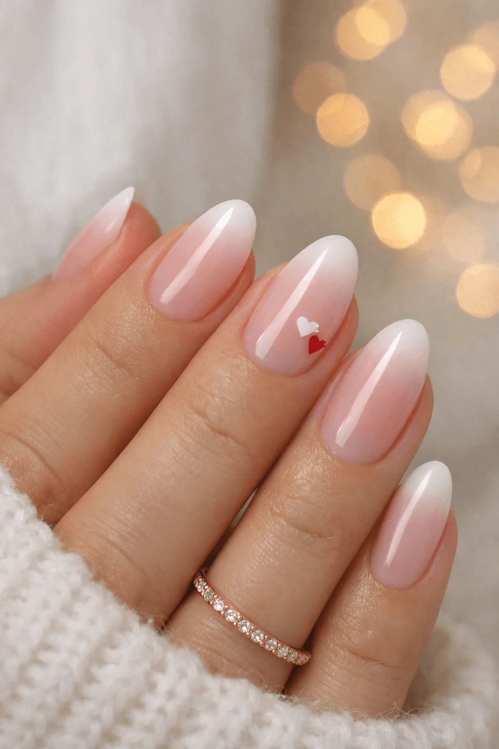 Close up of a hand with glossy pink and white ombre almond shaped nails featuring a small red and white heart accent on one nail and a rose gold ring with a soft bokeh background