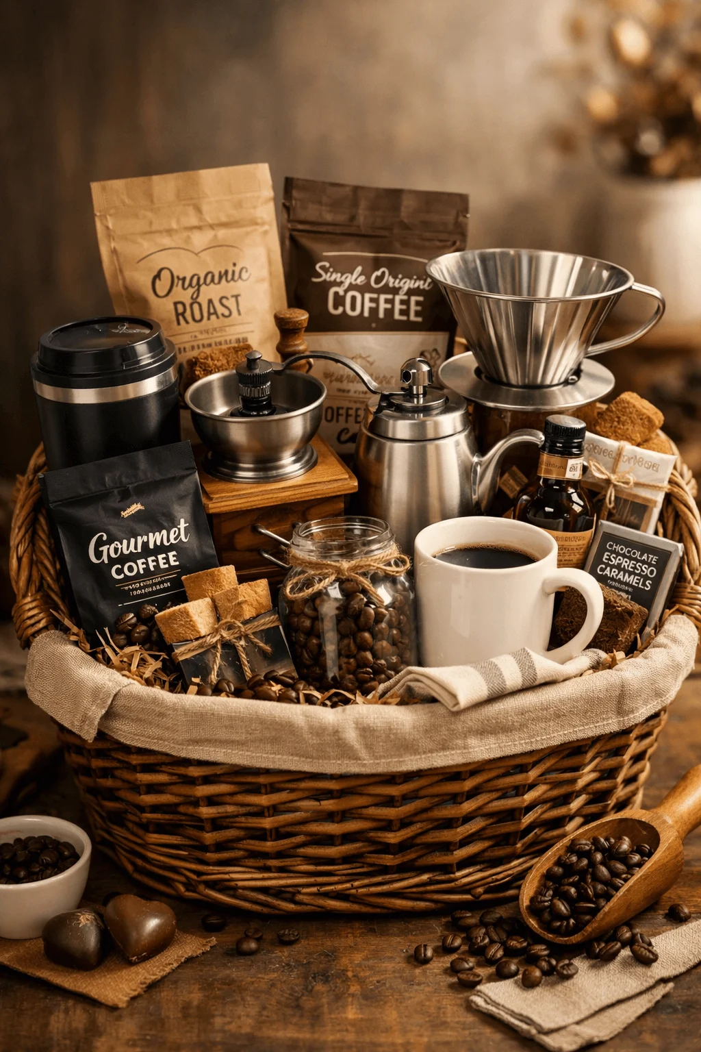 coffee lovers gift basket with gourmet coffee beans pour over dripper grinder kettle mug caramel chocolates sugar cubes and brewing accessories arranged in a wicker basket on a rustic table