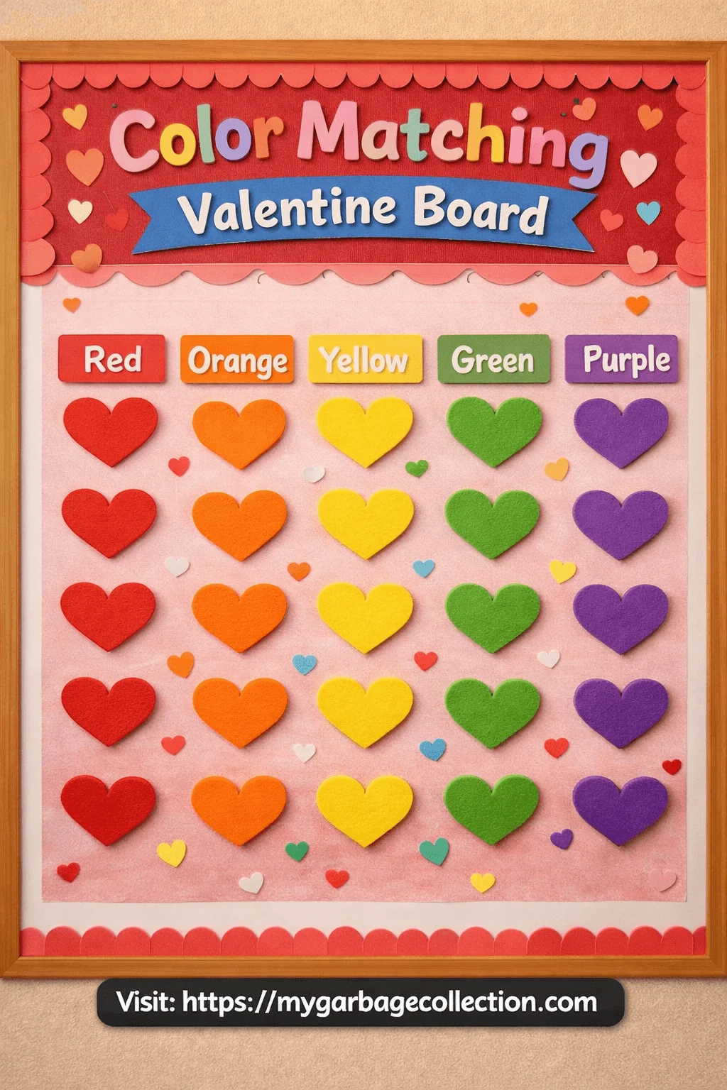 Color matching Valentine board for preschool with rows of heart shapes sorted by red orange yellow green and purple helping children practice color recognition and early learning skills