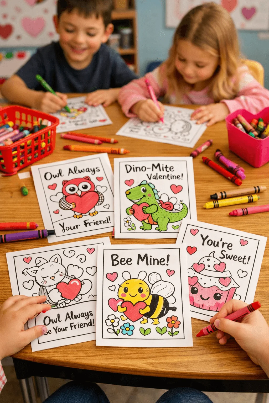 Kids coloring printable Valentine cards with cute animals and sweet messages at a classroom table with crayons and baskets