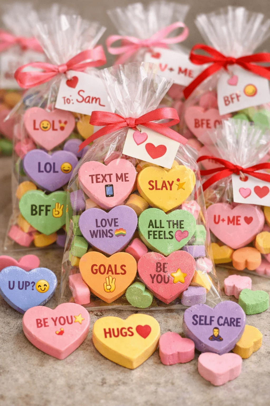 Conversation heart candy grams in clear bags with colorful heart shaped candies featuring modern messages like text me slay love wins be you and self care tied with pink and red ribbons