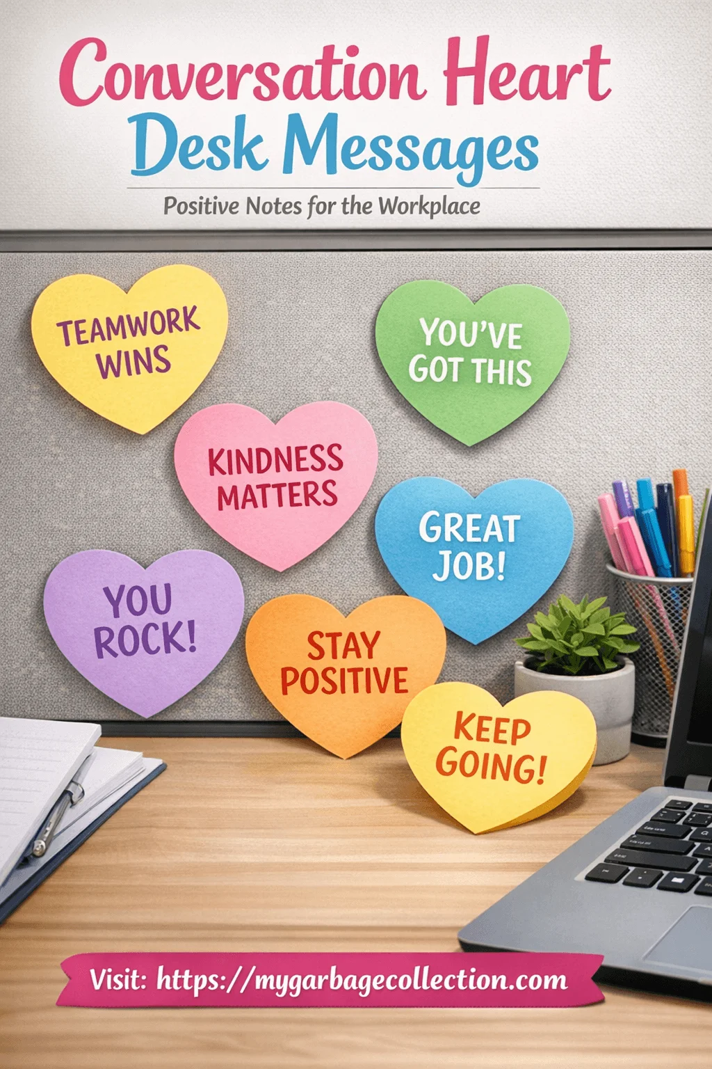 Conversation heart desk messages displayed on an office cubicle wall with colorful heart shaped notes showing positive workplace messages like teamwork wins kindness matters great job and stay positive alongside a desk with laptop plant pens and notebooks and website url mygarbagecollection.com