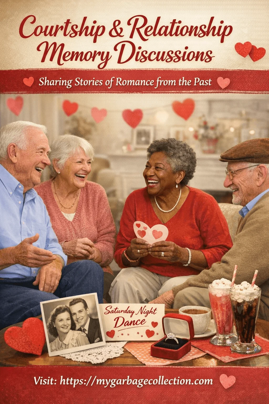 Courtship and relationship memory discussions showing seniors laughing and sharing stories of romance while holding heart cards looking at old photos and enjoying Valentine themed drinks in a cozy setting