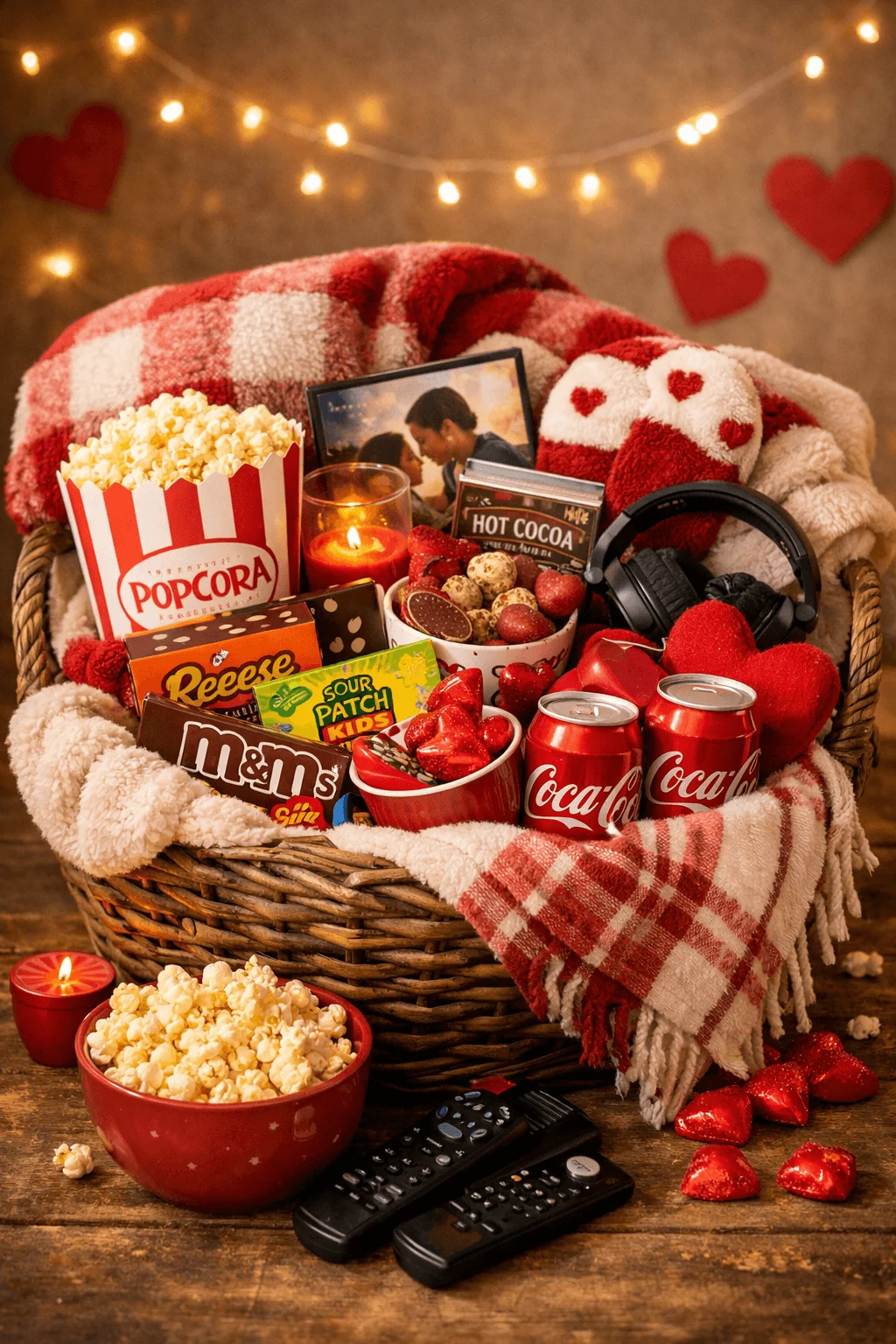 cozy movie night Valentine gift basket with popcorn candy hot cocoa soda headphones blankets remote controls and heart decorations arranged in a wicker basket with warm lighting