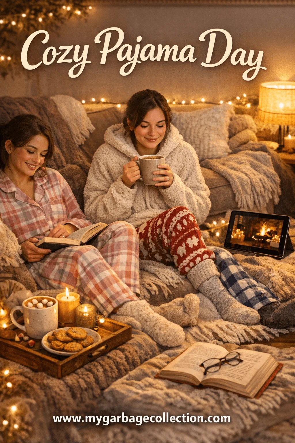 Cozy Pajama Day illustration with friends relaxing in soft pajamas enjoying hot cocoa books cookies candles and warm lights during Valentine spirit week at home