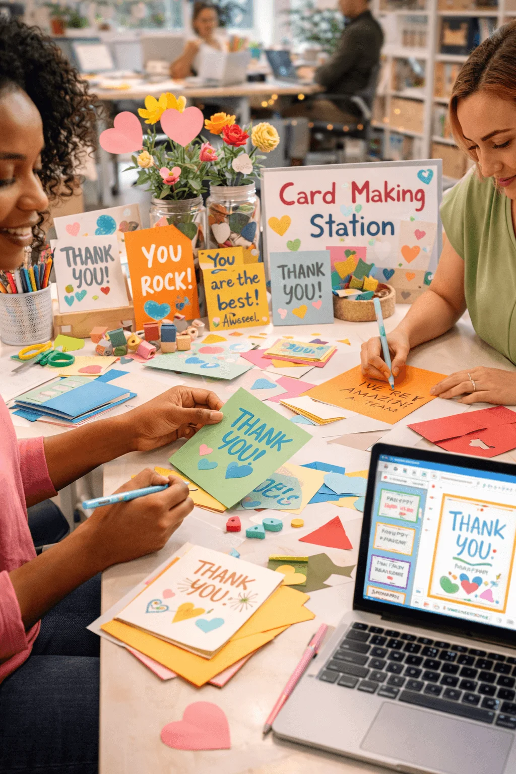 Coworkers creating thank you cards at a colorful card making station with craft supplies and a laptop on the table