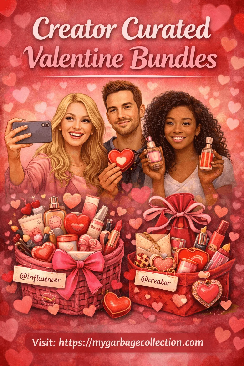 Creator curated Valentine bundles image showing three smiling content creators holding heart shaped gifts and beauty products with two decorative gift baskets filled with cosmetics chocolates perfume and Valentine themed items against a red heart background with website url displayed at the bottom