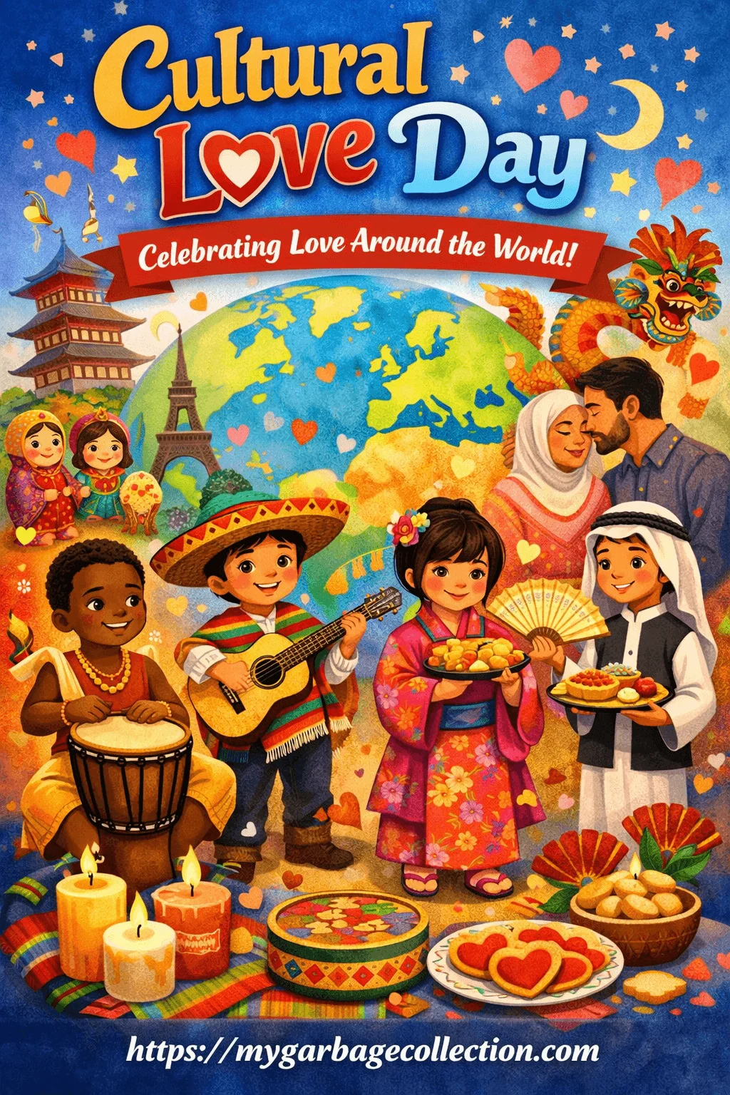 Cultural Love Day illustration celebrating love around the world with diverse cultures represented through traditional clothing music dance food candles global landmarks and joyful togetherness highlighting unity respect and multicultural appreciation during Valentine spirit week