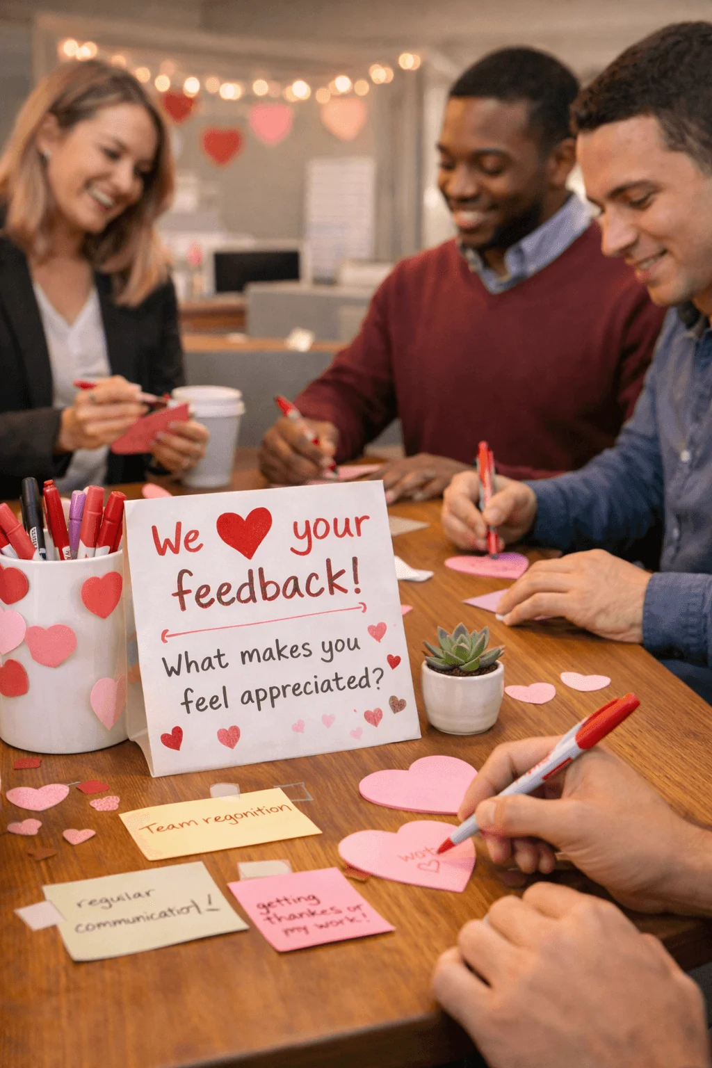 Group of coworkers writing feedback messages on heart shaped notes at a table with a sign reading we love your feedback in a decorated office setting