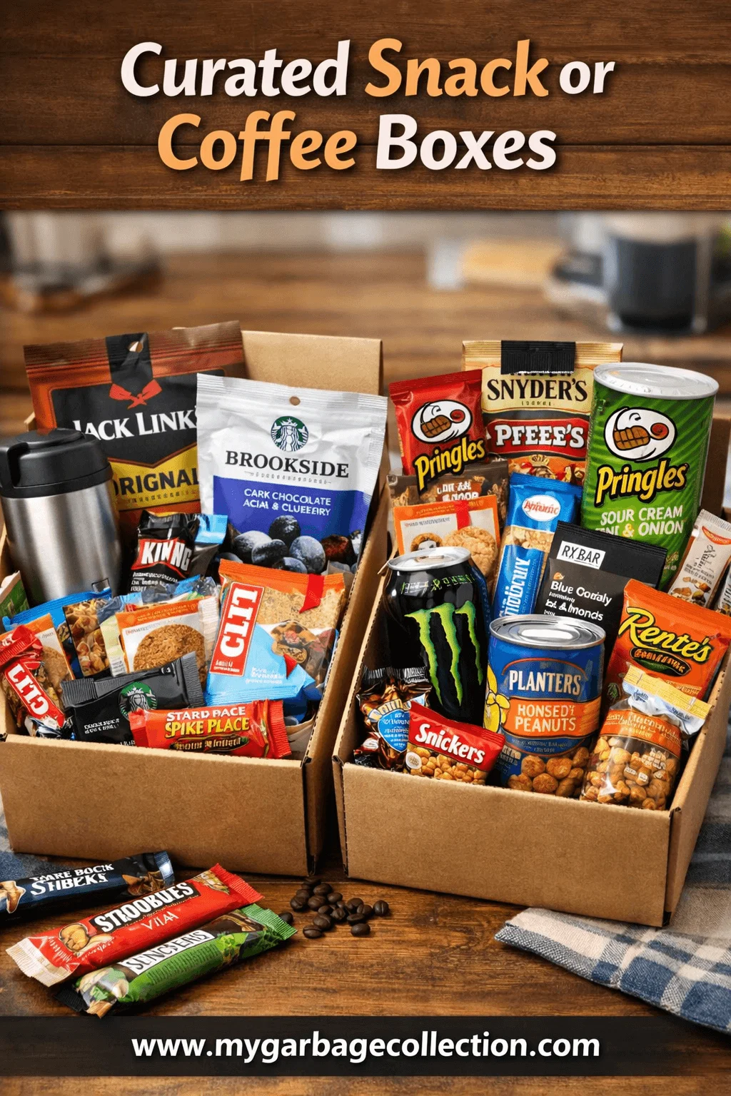 Curated snack or coffee boxes filled with assorted chips chocolate protein bars nuts coffee snacks and drinks neatly arranged in cardboard gift boxes on a wooden table with text reading curated snack or coffee boxes and a website link at the bottom