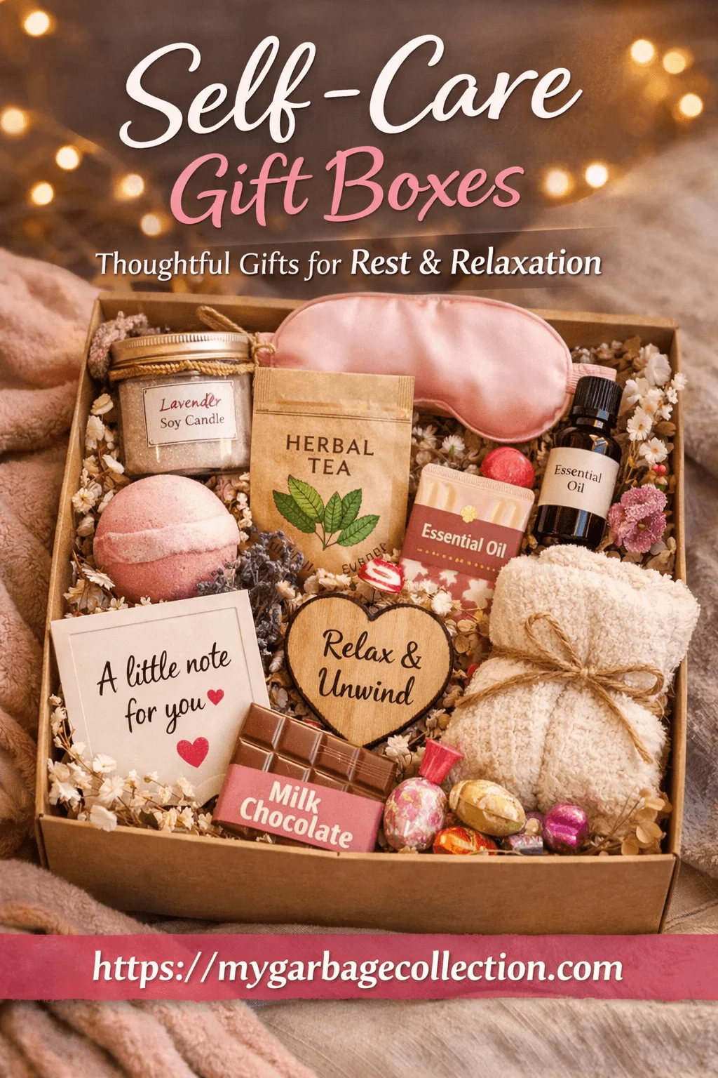 Self care gift box filled with relaxing items including lavender soy candle herbal tea essential oils bath bomb cozy socks chocolate and a thoughtful note arranged in a warm aesthetic setting