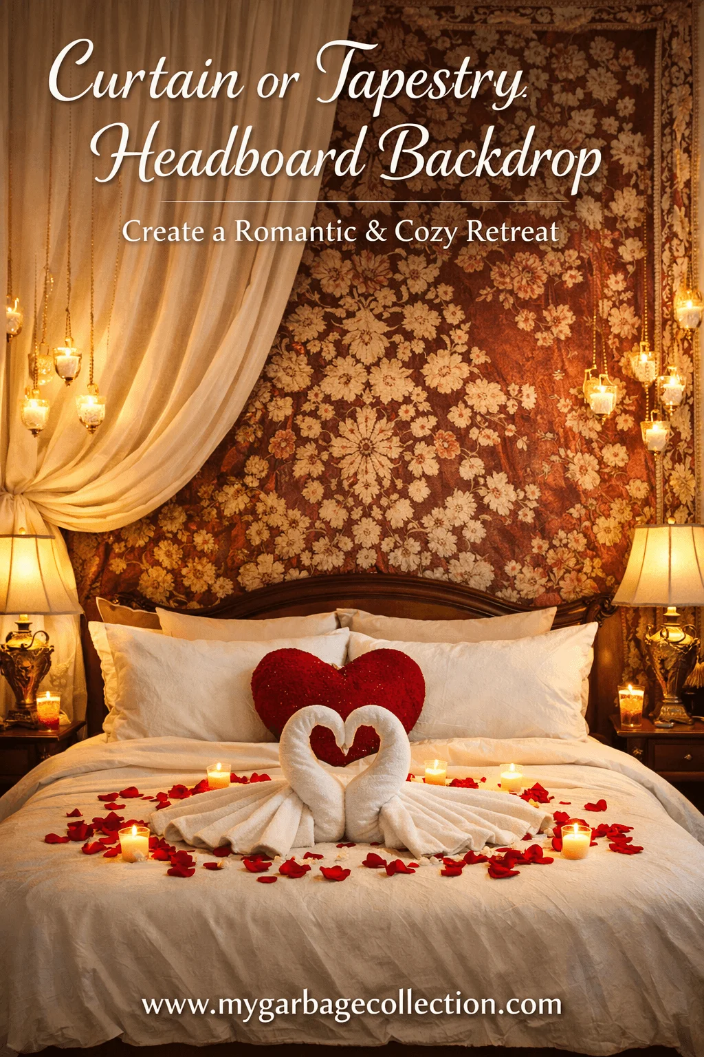 Romantic hotel bed with curtain and tapestry headboard backdrop candlelight rose petals heart pillows and towel swans creating a cozy Valentines retreat
