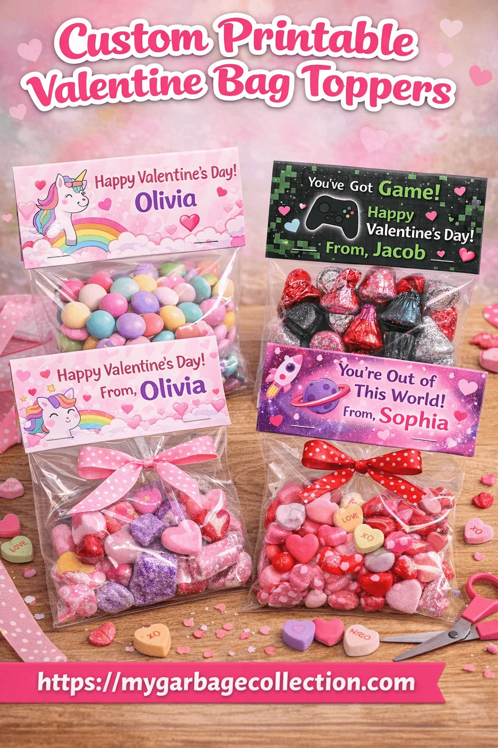 Custom printable Valentine bag toppers on clear treat bags filled with candy featuring personalized names colorful themes and classroom friendly Valentine gifts