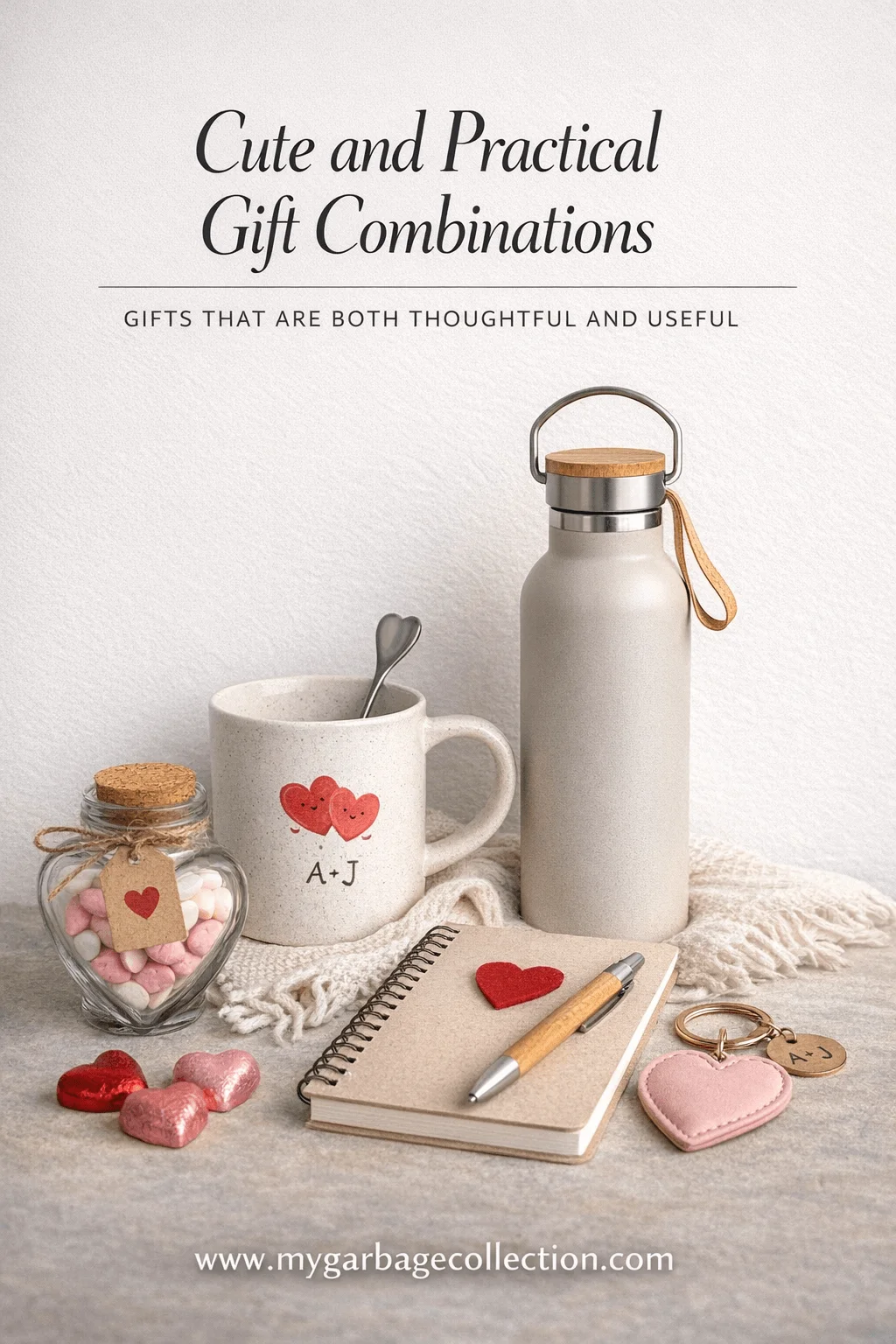 Minimal gift arrangement featuring a personalized mug with hearts and initials a reusable water bottle a notebook with pen a heart keychain a jar of candy and chocolate hearts on a soft neutral background text reading cute and practical gift combinations at the top and a website link at the bottom