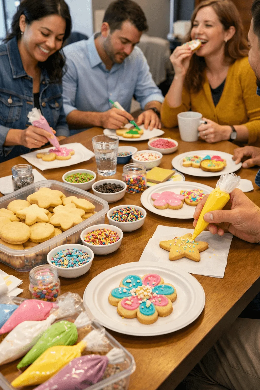 Coworkers decorating sugar cookies with colorful icing and sprinkles during a lunch activity