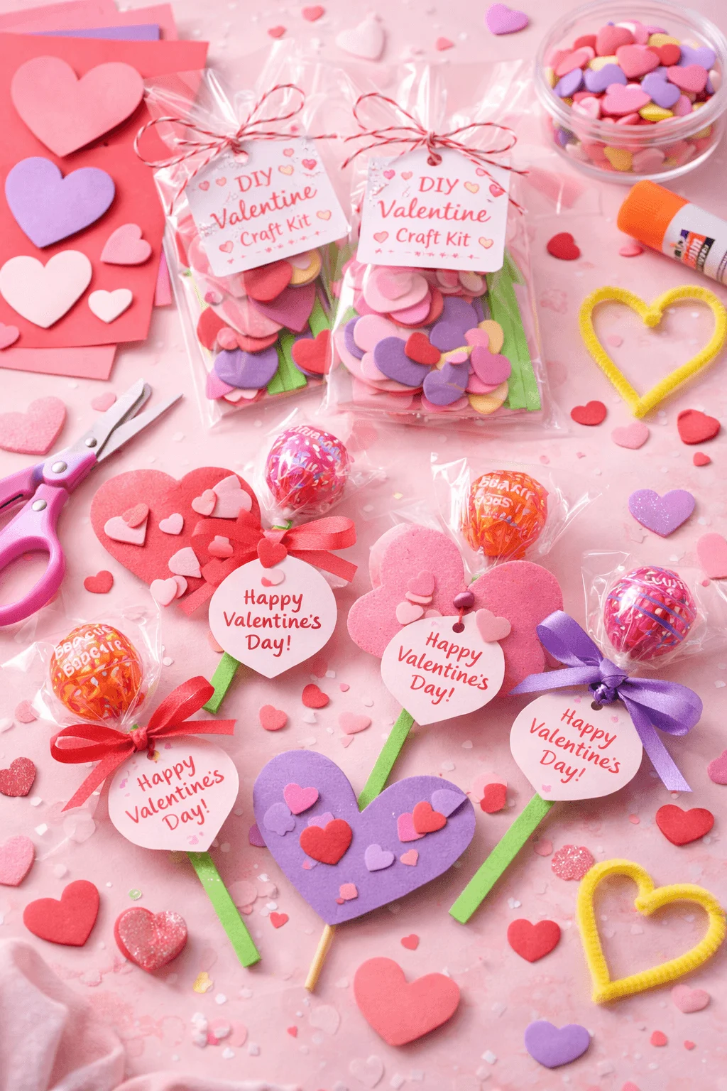 DIY Valentine craft grams featuring heart-shaped foam crafts on sticks, mini lollipops with tags, and packaged craft kits filled with colorful foam hearts, glue, and decorations on a pink background.