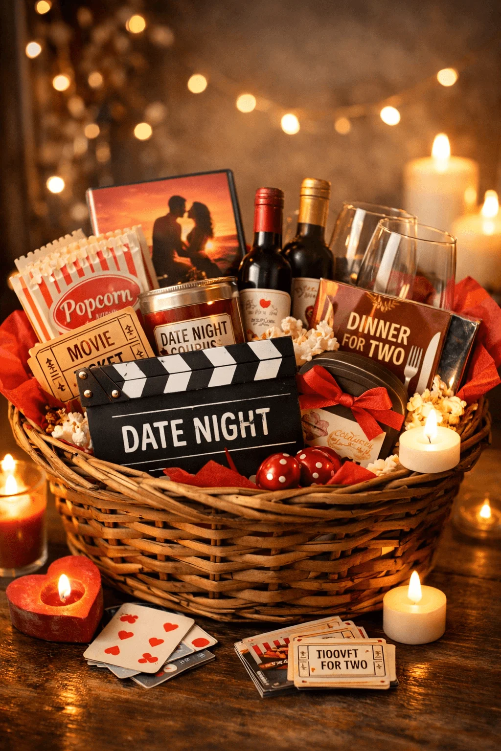 date night gift basket with popcorn movie tickets wine glasses dinner for two cards candles playing cards and romantic decorations arranged in a wicker basket with warm lights