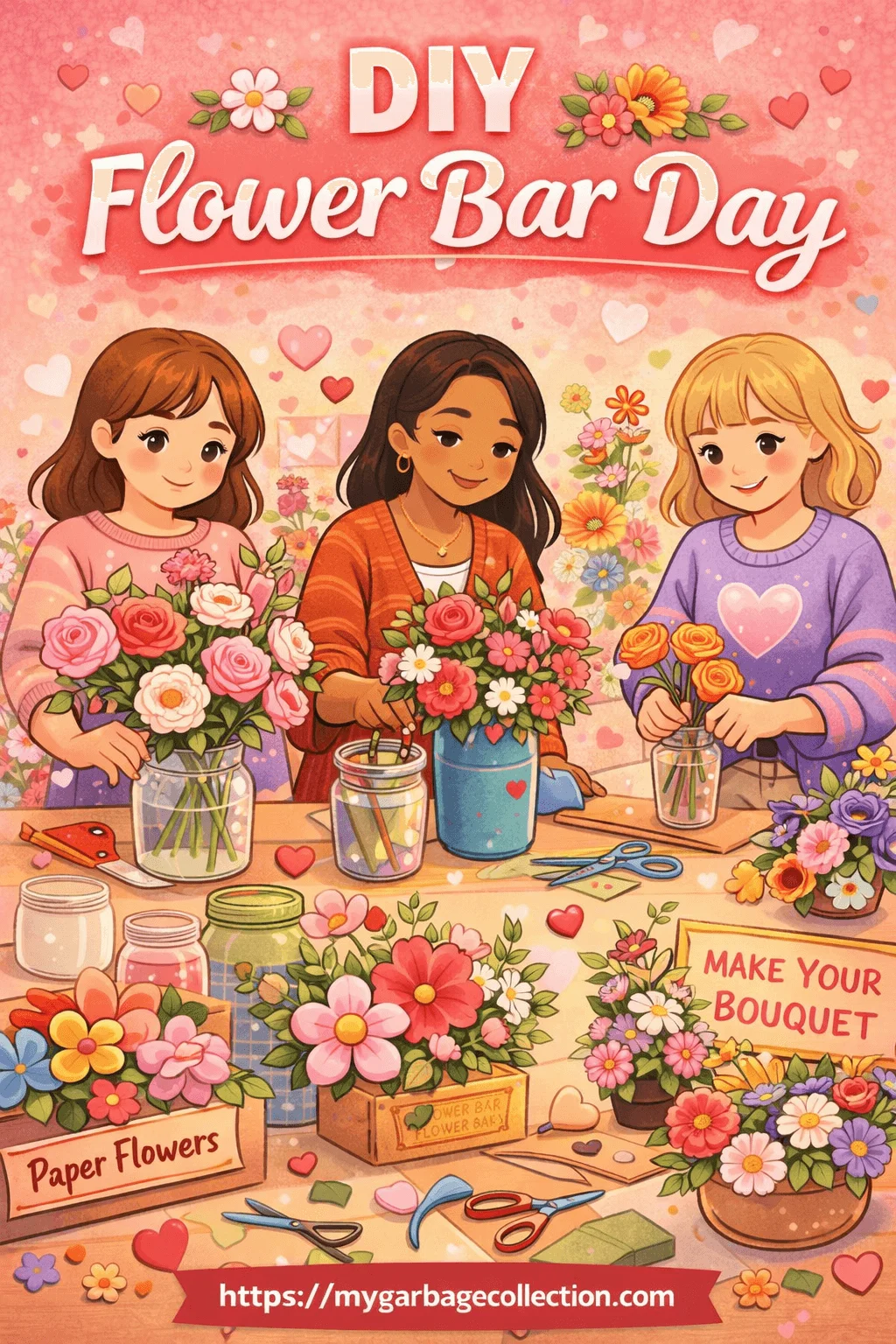 DIY Flower Bar Day illustration featuring friends creating handmade bouquets together with paper and fresh flowers, jars, scissors, and colorful supplies, celebrating creativity, friendship, and self-expression in a fun Valentine-themed craft activity