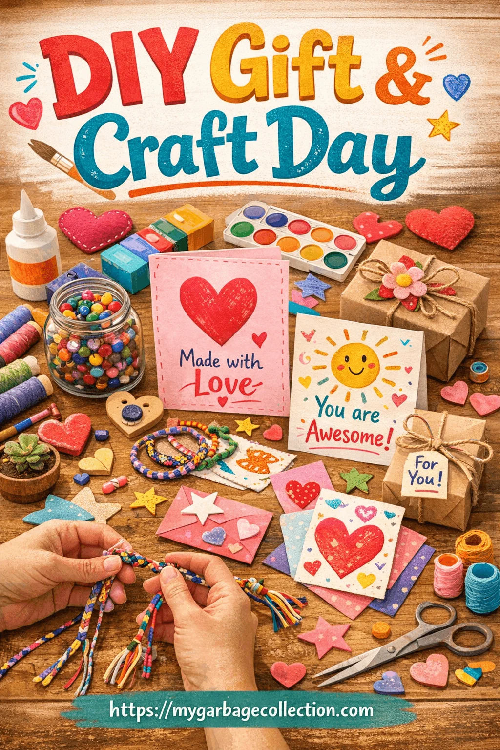 DIY Gift and Craft Day illustration with handmade Valentine cards bracelets painted hearts art supplies wrapped gifts and creative activities for Valentine spirit week