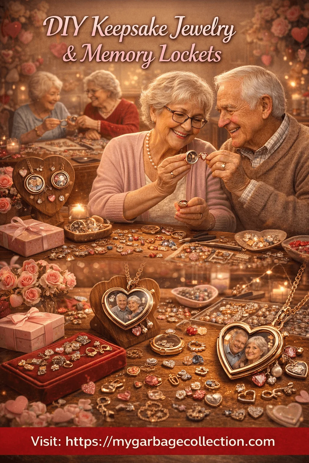 DIY keepsake jewelry and memory lockets workshop showing seniors crafting heart shaped lockets with photos charms beads and sentimental decorations on a warm Valentine themed table