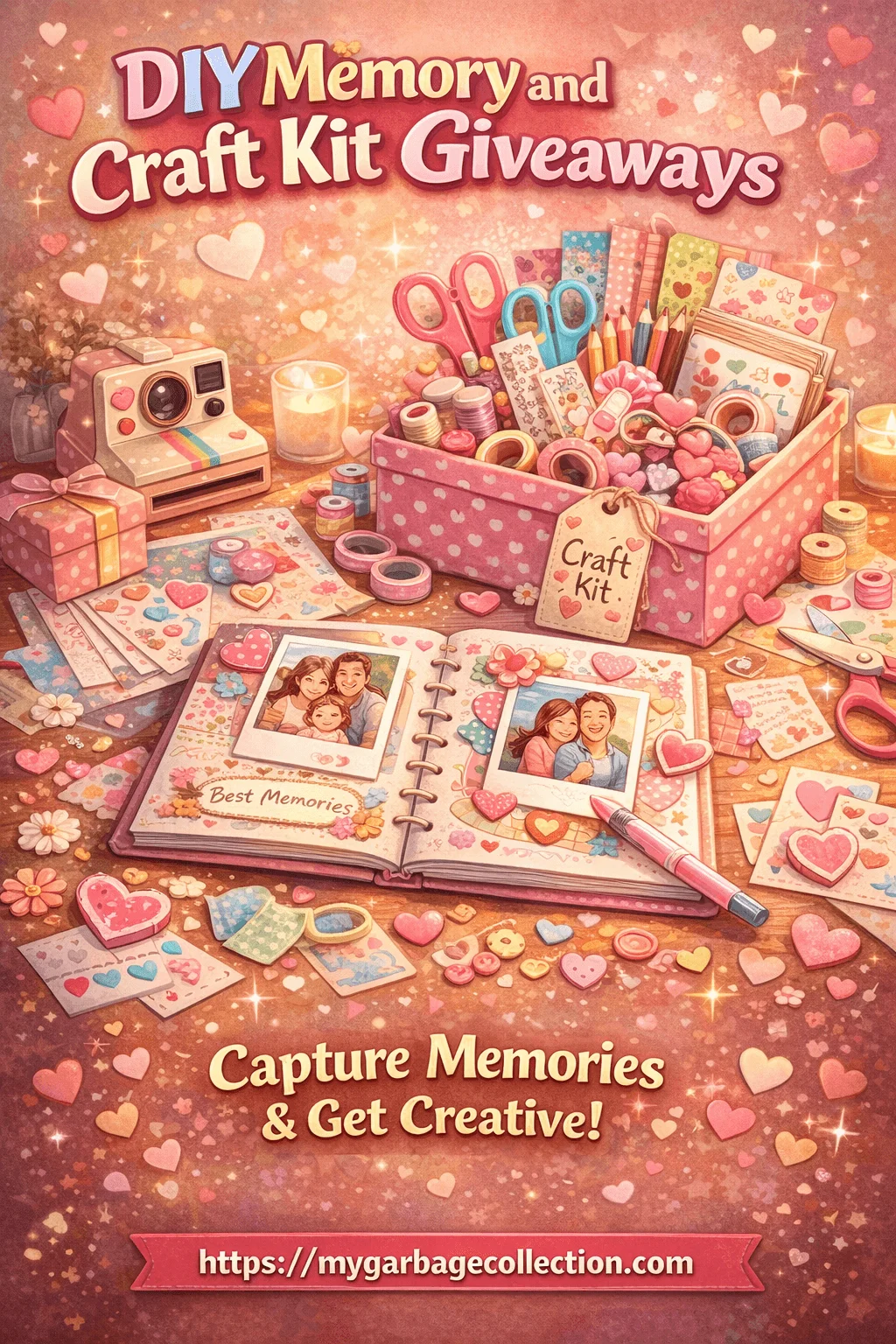 DIY memory and craft kit giveaways scene showing scrapbook album with family photos craft box filled with scissors ribbons washi tape stickers heart embellishments camera candles colorful paper supplies cozy creative workspace capture memories message and website URL at the bottom