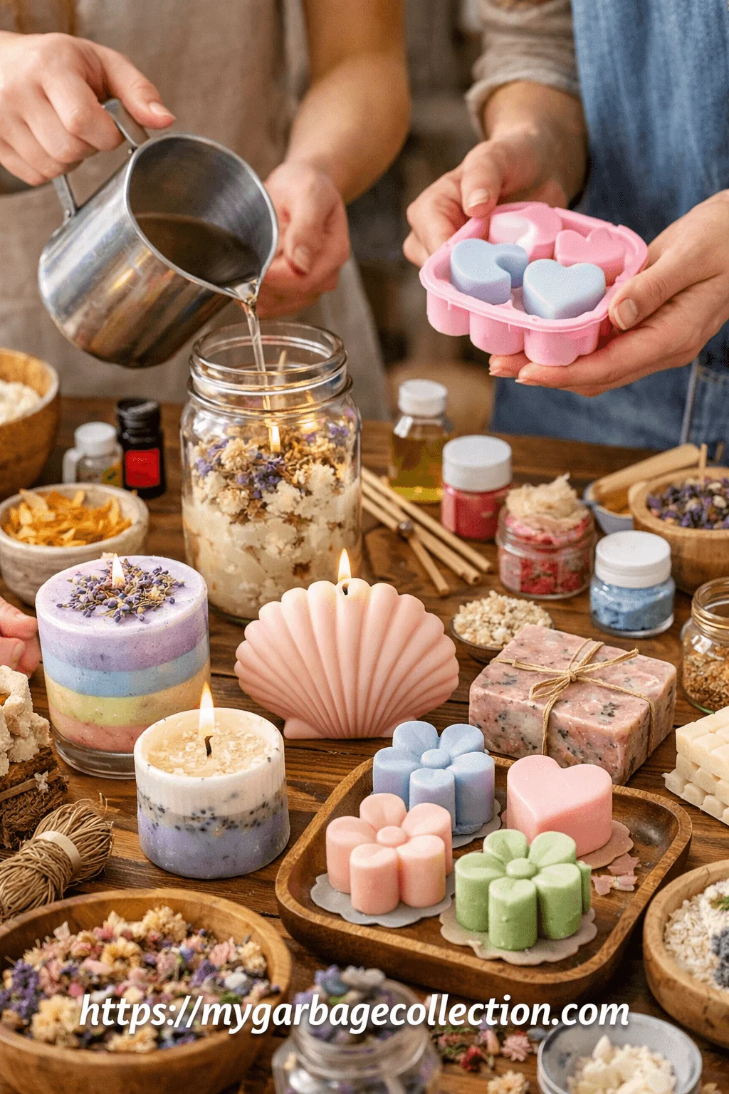 Friends creating DIY candles and handmade soaps together using pastel molds dried flowers essential oils jars and craft tools arranged on a wooden table for a cozy creative crafting night at home celebrating relaxation and friendship