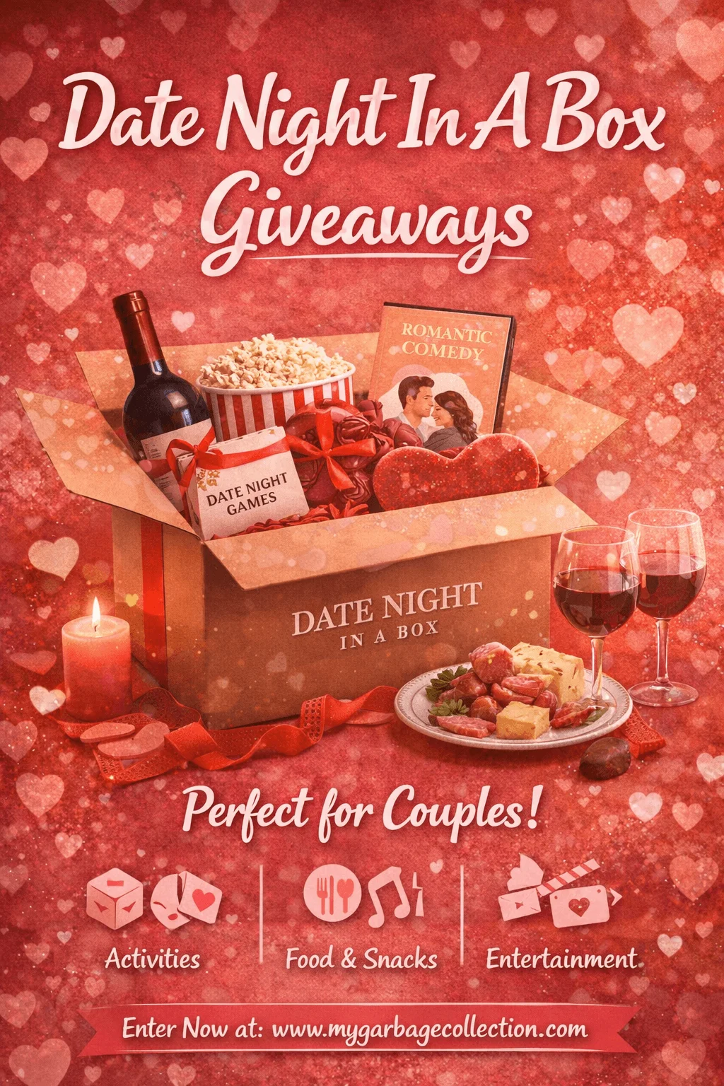 Date night in a box giveaways image featuring a romantic gift box filled with wine popcorn date night games a romantic comedy movie heart shaped pillow candles cheese platter and glasses of red wine with a red heart themed background text perfect for couples and website url displayed at the bottom