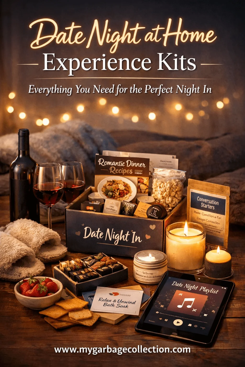 Date night at home experience kits featuring romantic dinner box wine candles snacks conversation cards playlist tablet and cozy valentines evening setup