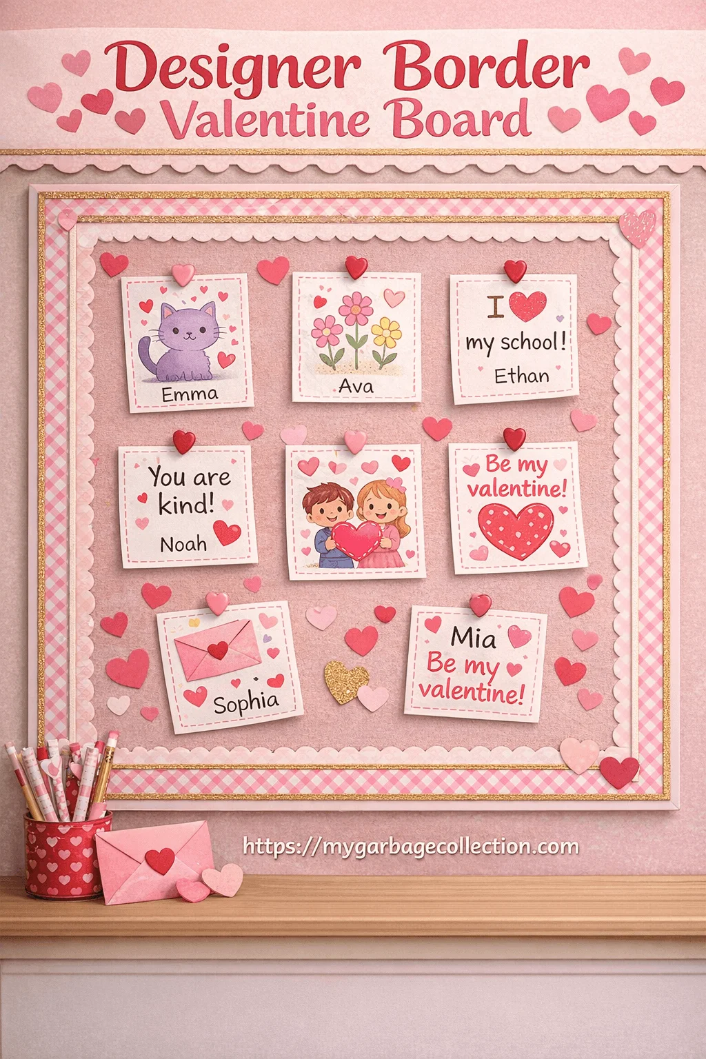 Designer border Valentine board with pink layered frame heart accents student name cards kind messages cute illustrations and classroom display featuring mygarbagecollection.com at the bottom