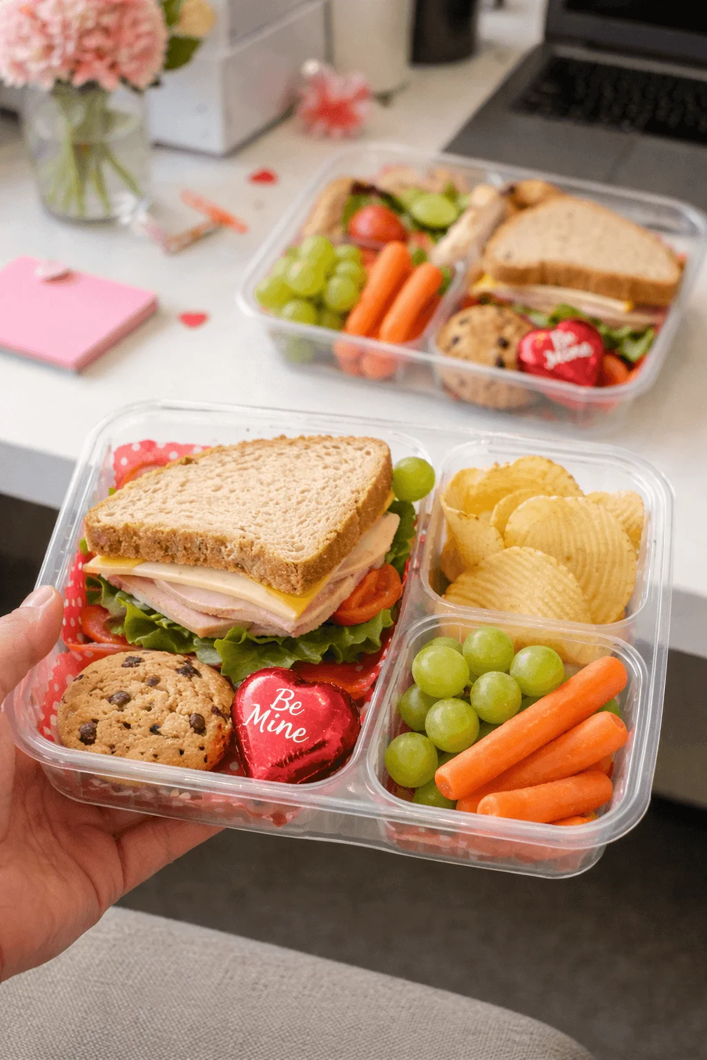 Desk delivered mini lunch tray with turkey and cheese sandwich chips grapes carrots cookie and heart shaped chocolate