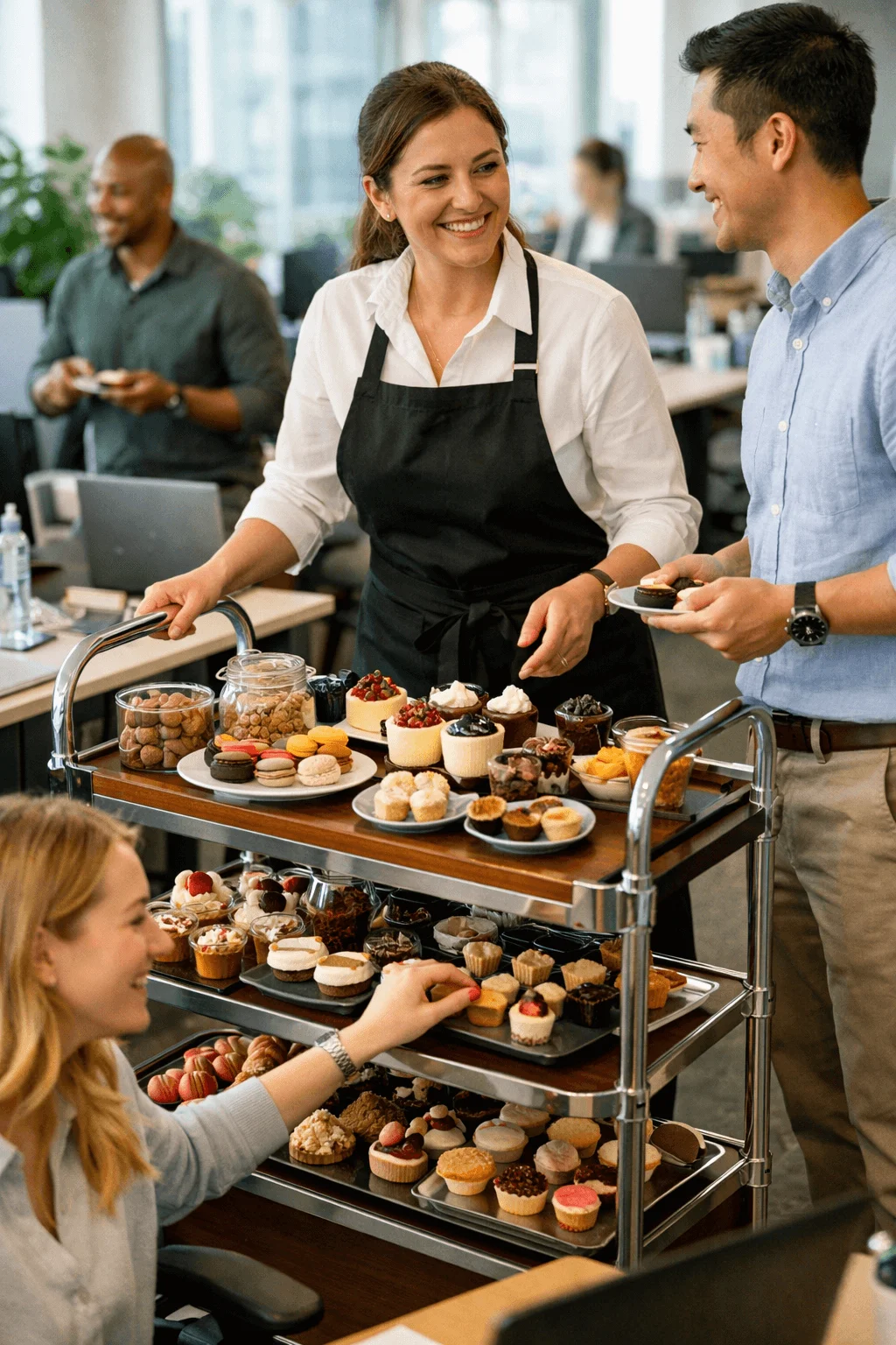 Office dessert trolley with coworkers choosing cupcakes pastries and sweet treats in a modern workplace