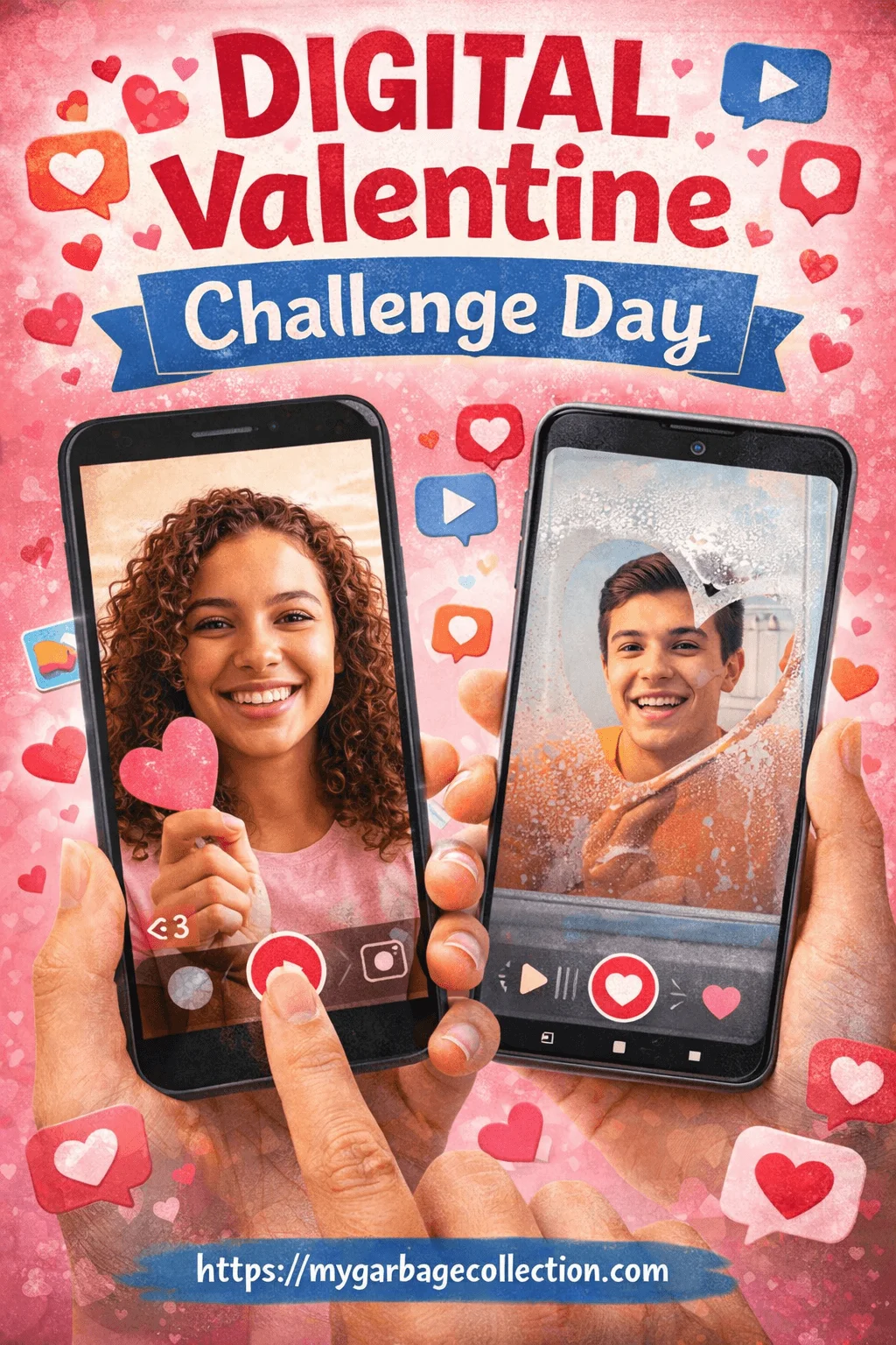 Digital Valentine Challenge Day illustration showing friends sharing love through phones social media challenges heart reactions video messages and fun online Valentine spirit week activities celebrating connection in the digital age