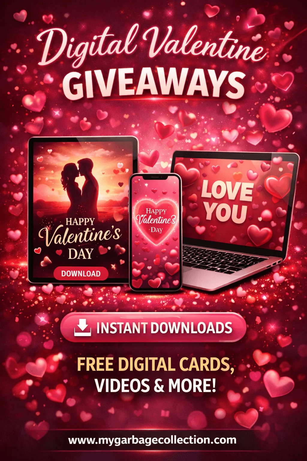 Digital Valentine giveaways banner featuring tablet phone and laptop screens with romantic Valentine designs hearts glowing red background instant downloads button free digital cards videos message and website URL at the bottom