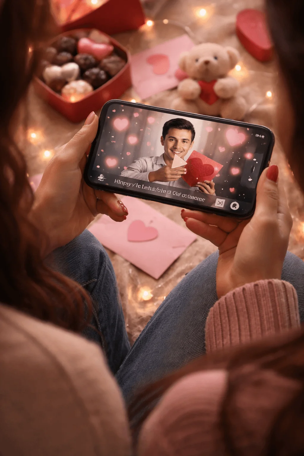 Person holding a smartphone watching a romantic Valentine video message with heart animations, surrounded by chocolates, cards, and soft lights.
