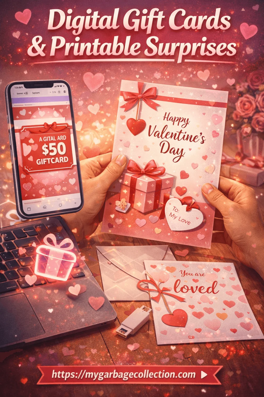 Digital gift cards and printable valentines day surprises shown on smartphone and printed cards with romantic designs instant gifting idea for last minute valentine presents