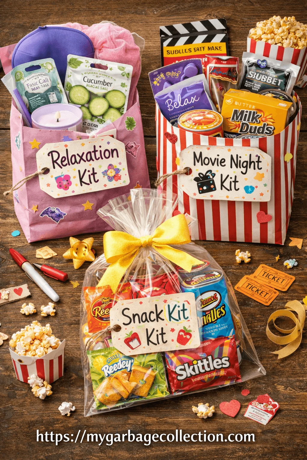 Dollar store themed gift kits including a relaxation kit movie night kit and snack kit filled with face masks candles popcorn candy and cozy treats arranged on a rustic table for affordable thoughtful gifting and friendship celebrations