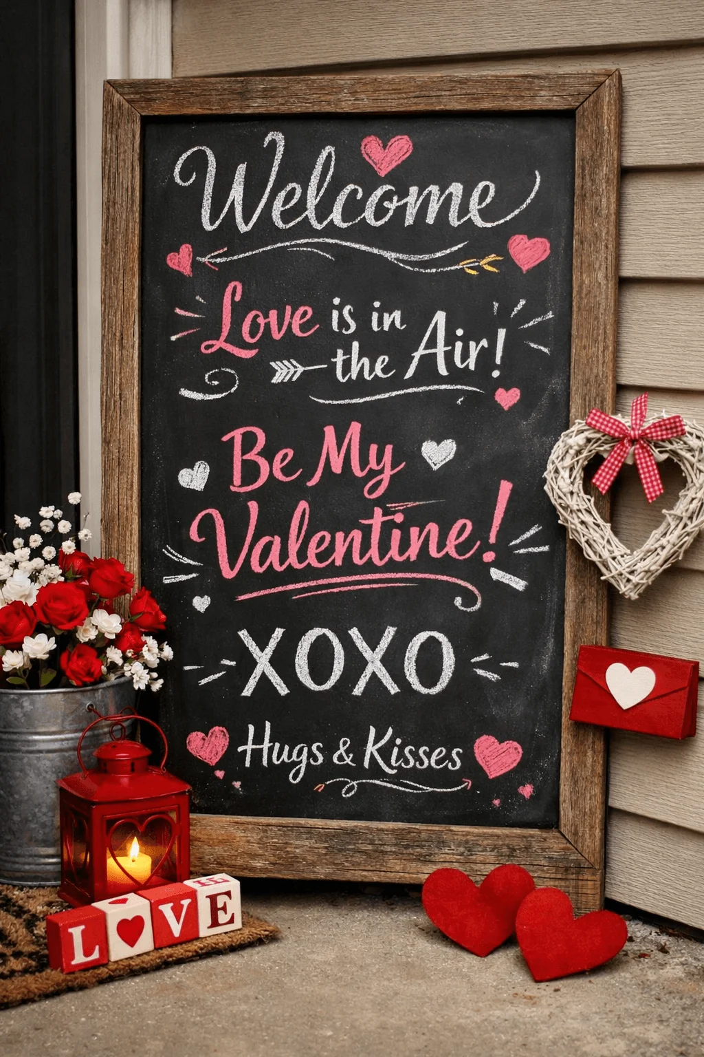 Rustic front porch Valentine chalkboard sign with hearts, red and white flowers, lantern, love blocks, wreath, and messages welcoming guests and celebrating love