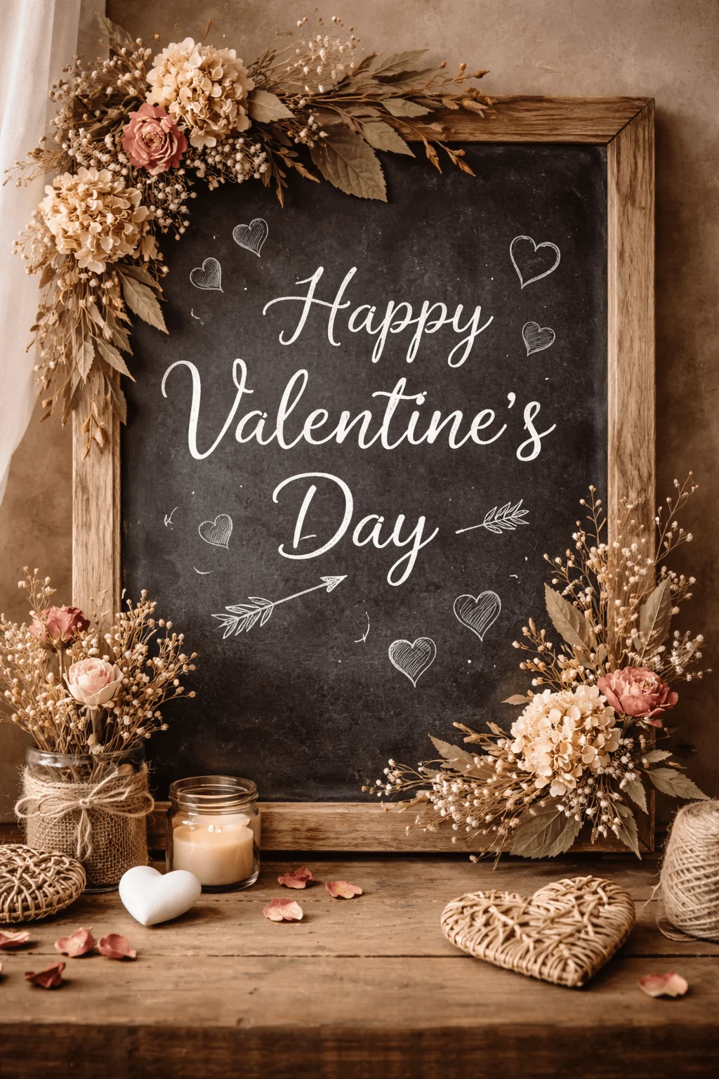 Rustic chalkboard sign reading Happy Valentine’s Day surrounded by dried flowers candles woven hearts and soft romantic decor
